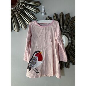 Pink Striped Bird Applique Cotton Tunic Dress Kids Long Sleeve Size 4-5